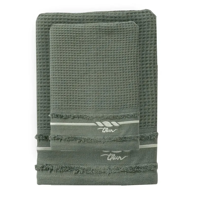 THUN® Set 2 Asciugamani Country Bloom 40x60 + 60x100 cm Tinta Unita Green