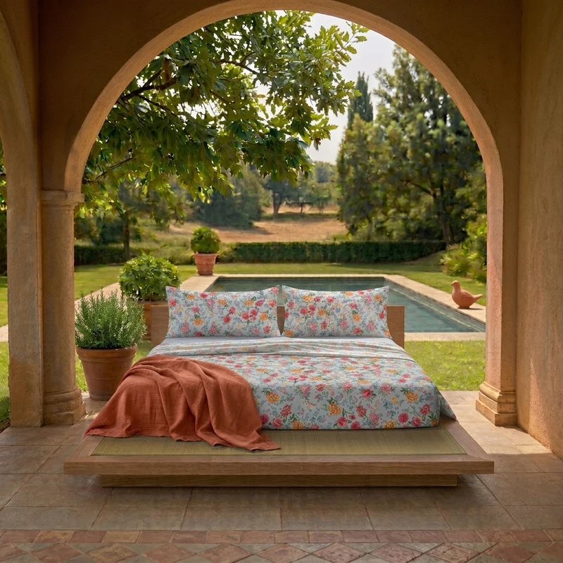 Completo Letto Matrimoniale in Cotone con Stampa - Fantasia Secret Garden Debby Light Blue