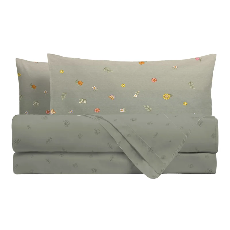 THUN® Completo Letto Matrimoniale in Cotone Country Flowers Sage Green