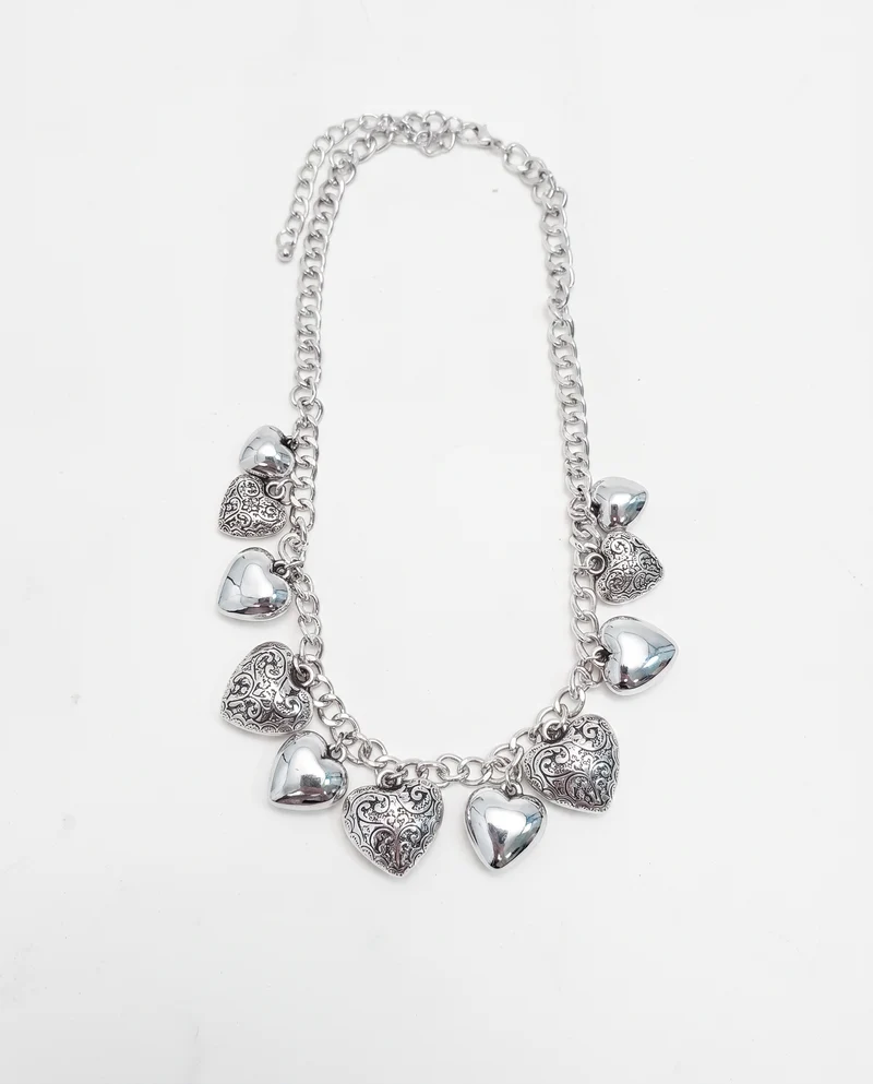 Collana con cuori intarsiati e lisci - Argento
