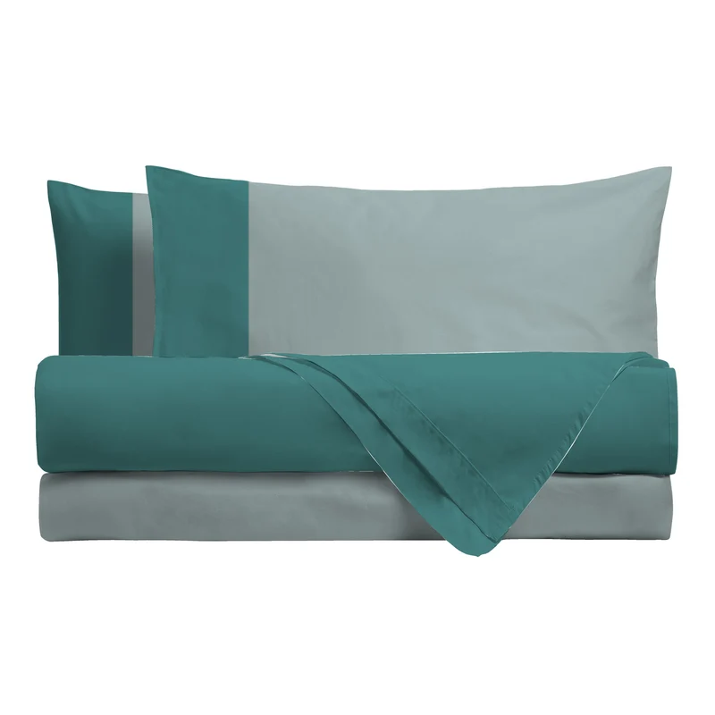 Happidea Completo Letto Singolo in Cotone Bicolore Pavone/Tinta Laguna