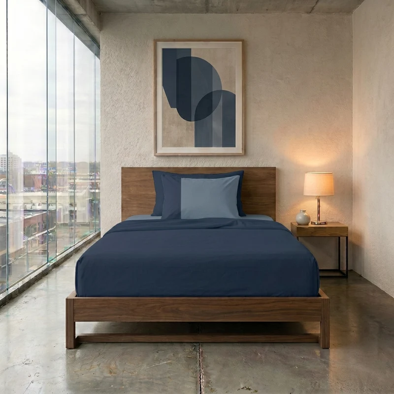 Happidea Completo Letto Piazza e Mezza in Cotone Bicolore Blu Profondo/Azzurro Polvere