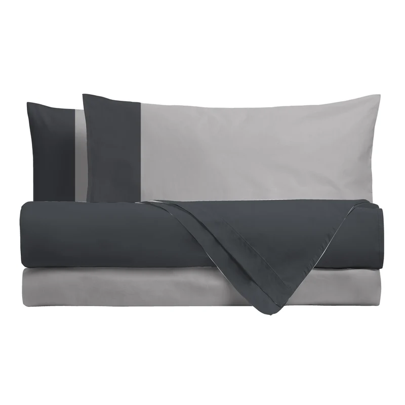 Happidea Completo Letto Singolo in Cotone Bicolore Grafite/Perla