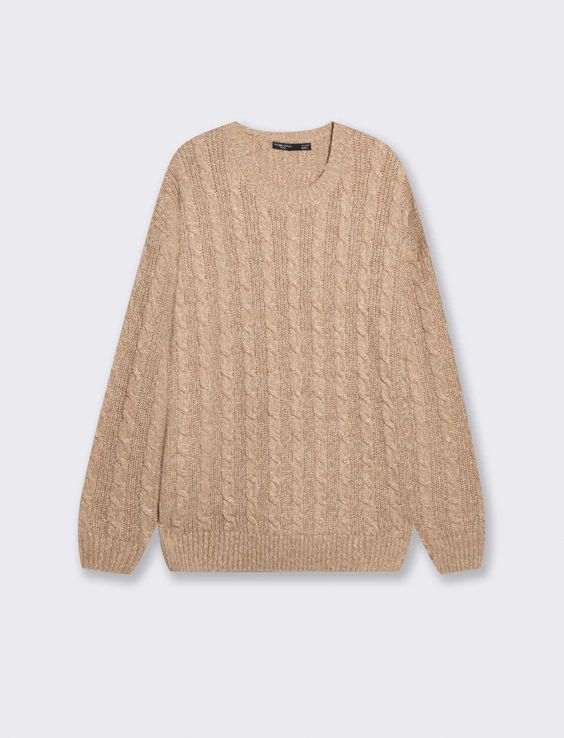 Maglia girocollo a trecce bicolor - Beige