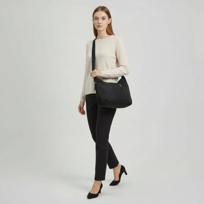 Borsa Mezzaluna Grande in Nylon - Nero