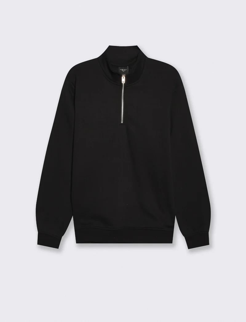 Felpa lupetto zip in misto cotone - Nero