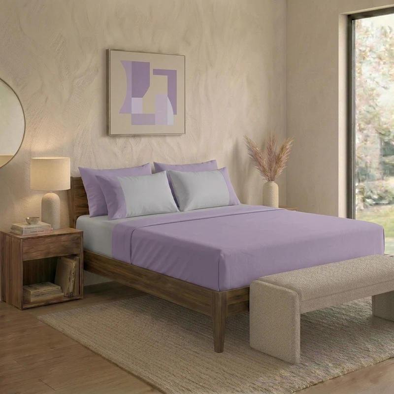 Happidea Completo Letto Matrimoniale in Cotone Bicolore Glicine/Perla