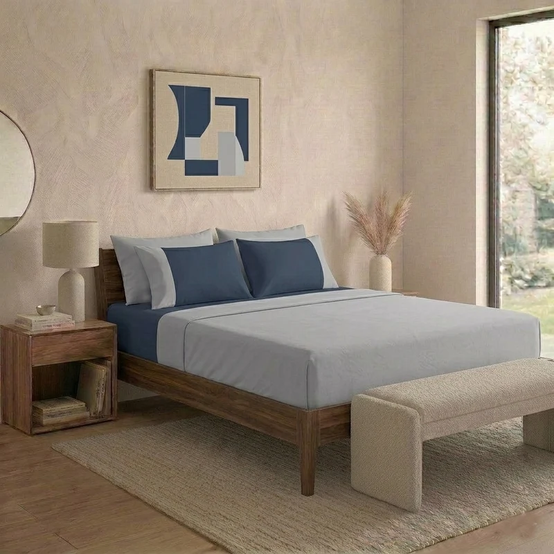 Happidea Completo Letto Matrimoniale in Cotone Bicolore Perla/blu Profondo