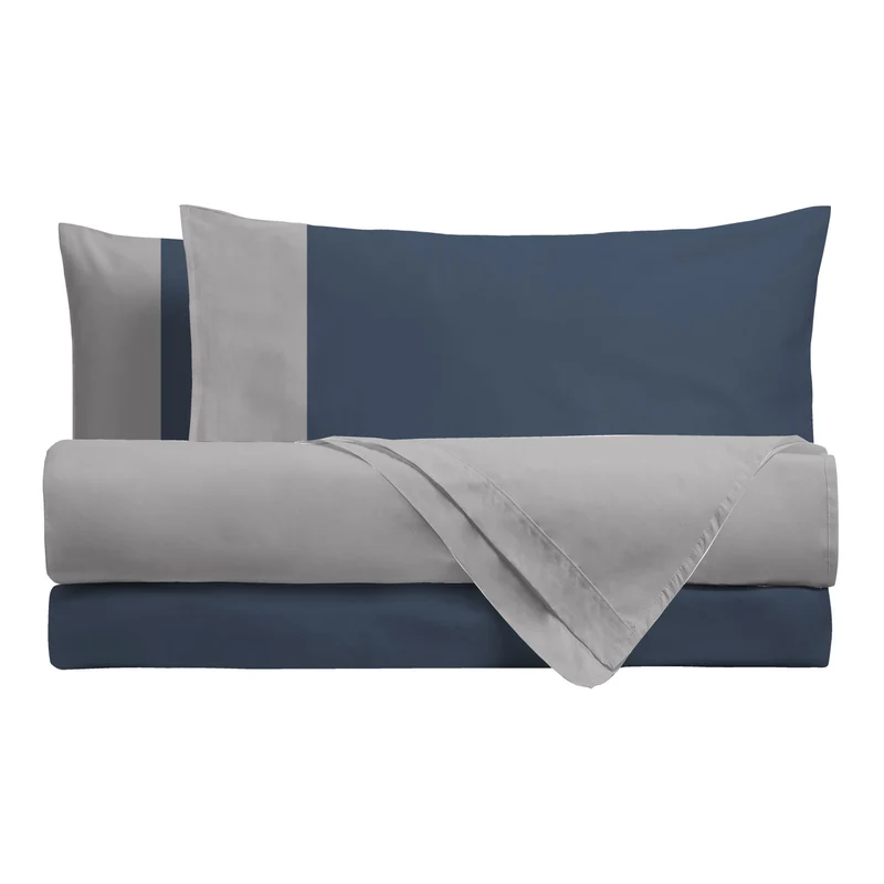 Happidea Completo Letto Singolo in Cotone Bicolore Perla/Blu Profondo