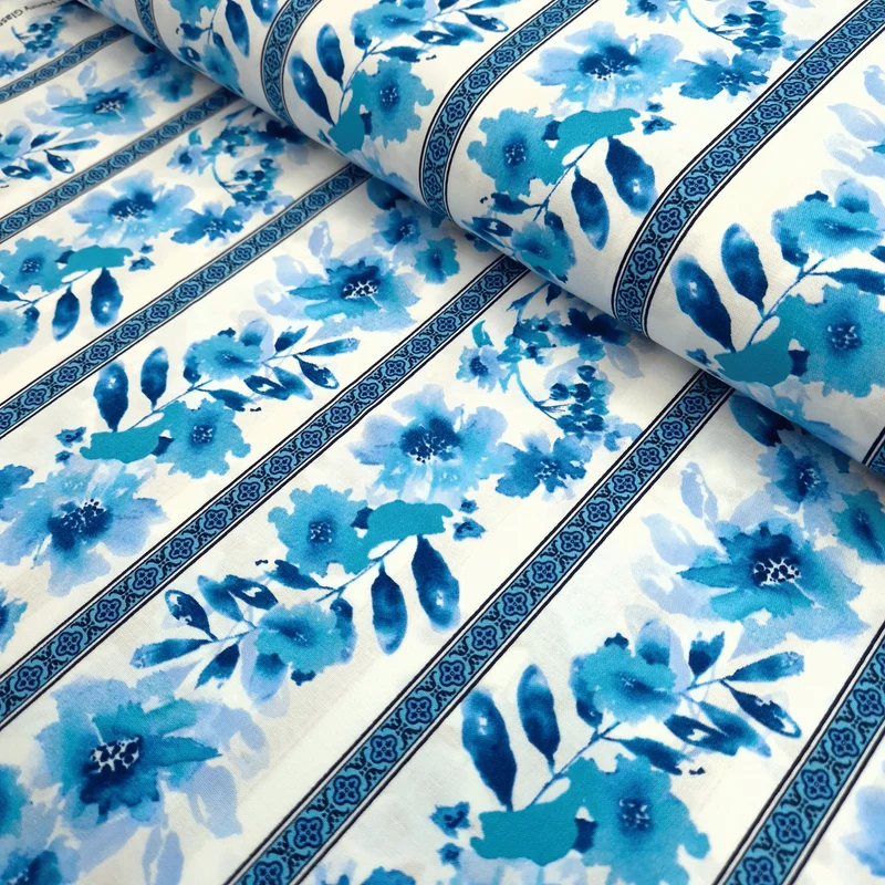 Cotone Americano H 110 cm - FASCE FLOREALI AZZURRO