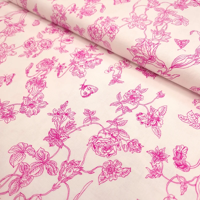 Cotone Americano H 110 cm - FIORI E FARFALLE FUCSIA/BIANCO