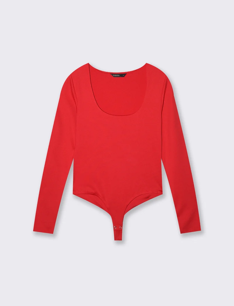 Body a manica lunga con scollo profondo - Rosso