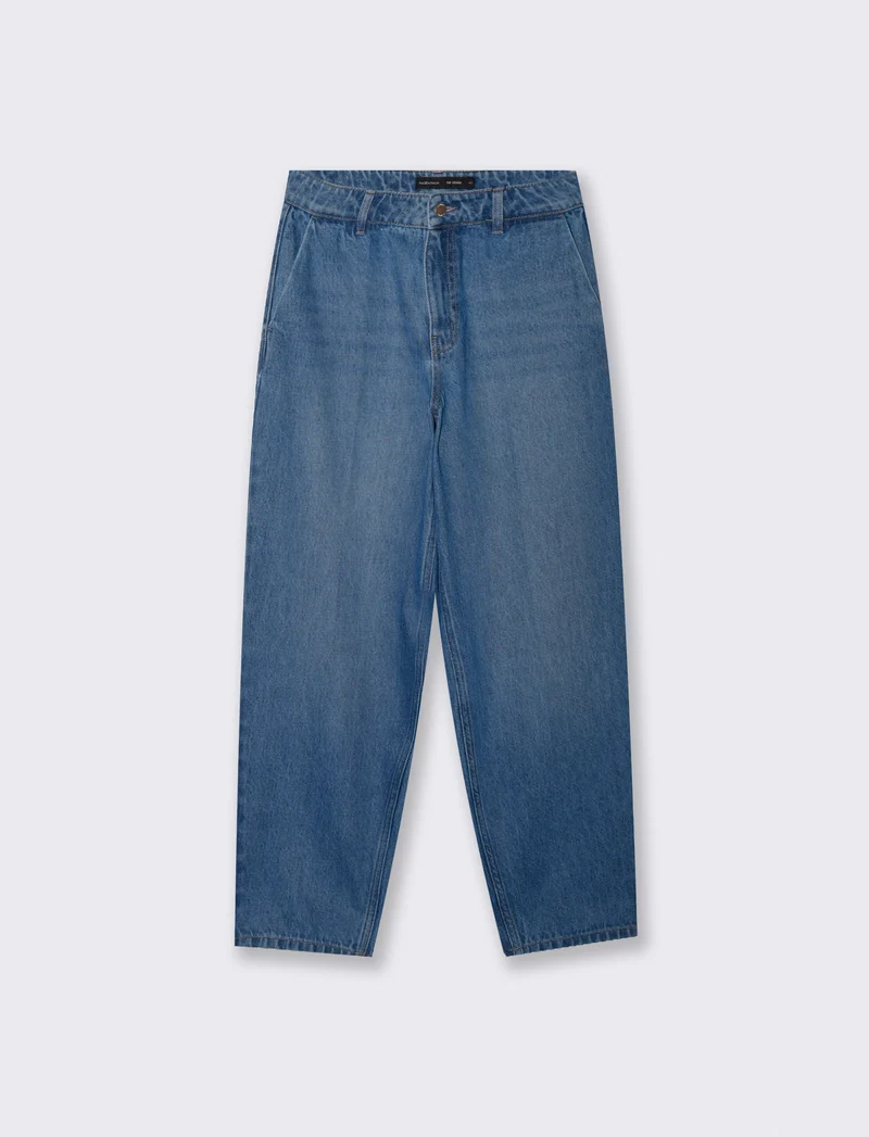 Jeans barrel a vita alta con tasche - Denim