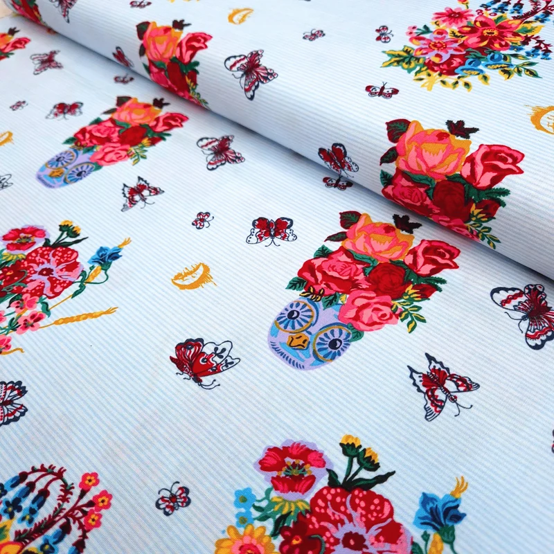 Cotone Americano H 110 cm - BOUQUET E FARFALLE/RIGHETTE AZZURRE