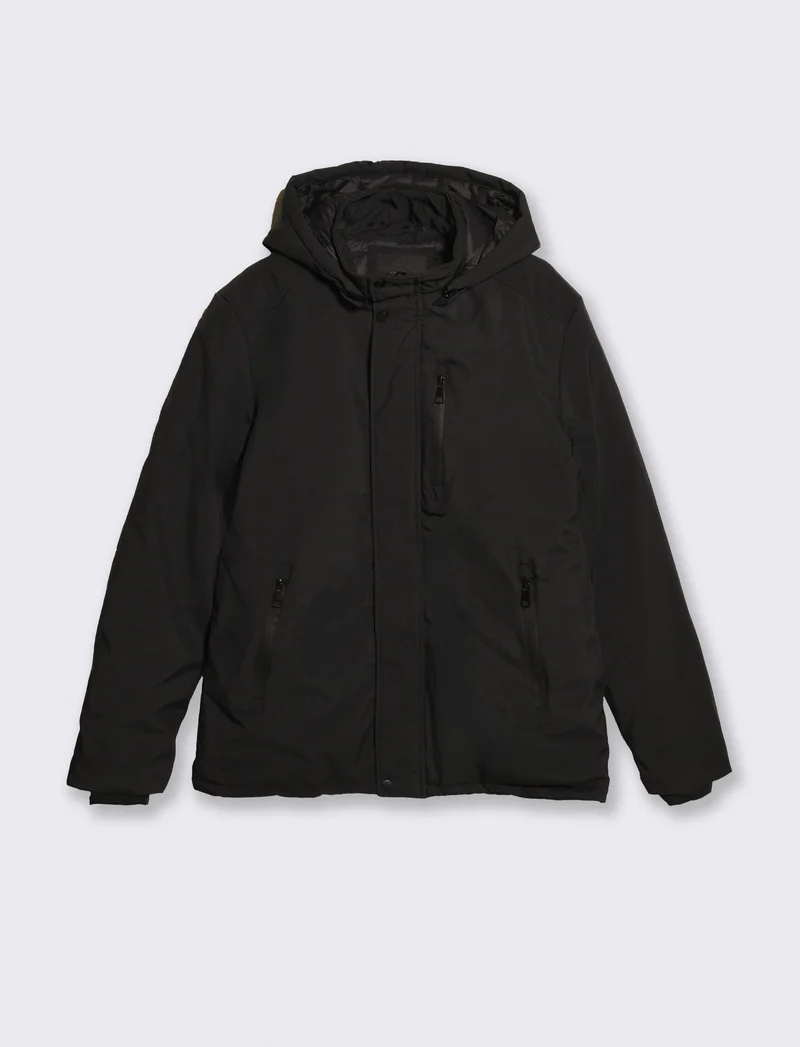 Giaccone imbottito con cappuccio e zip - Nero