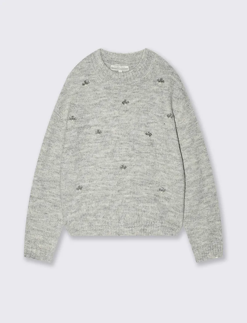 Maglia girocollo bambina con fiori di pietre - Grigio mel.