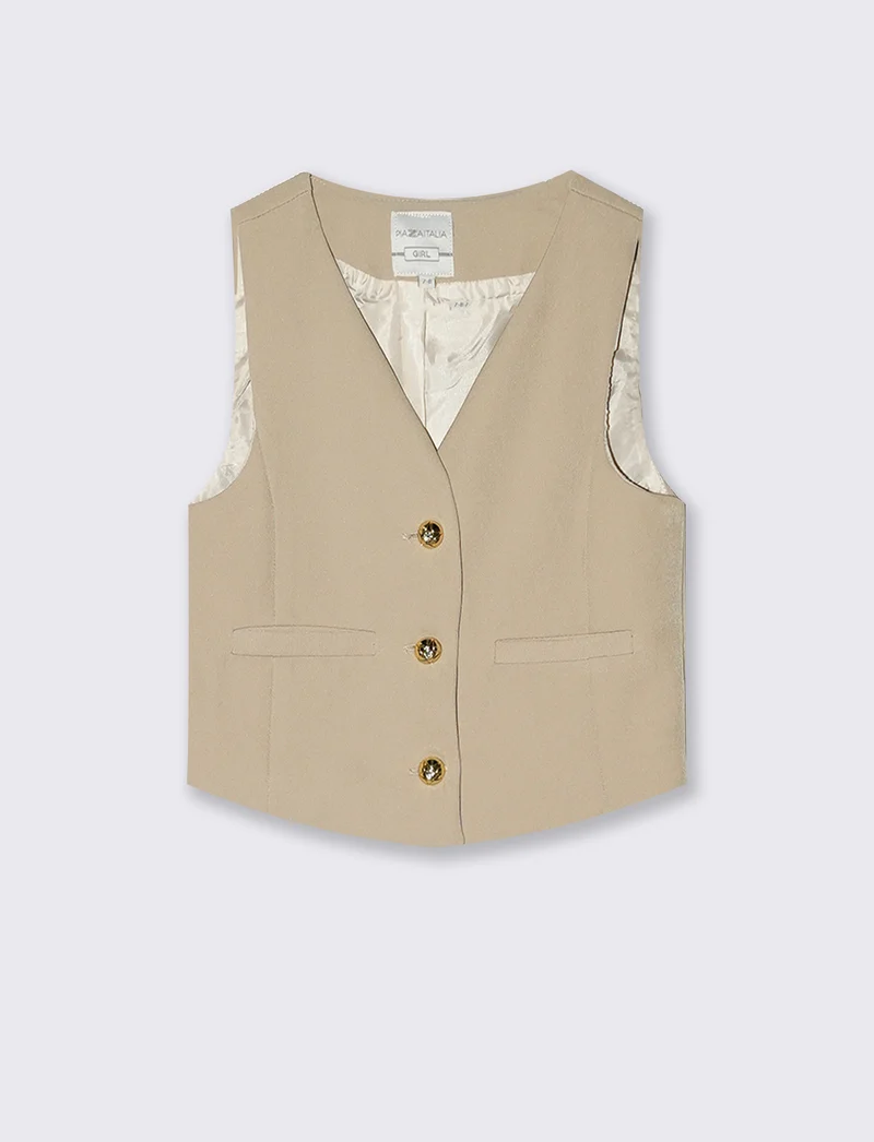 Gilet da bambina con bottoni gioiello - Beige scuro
