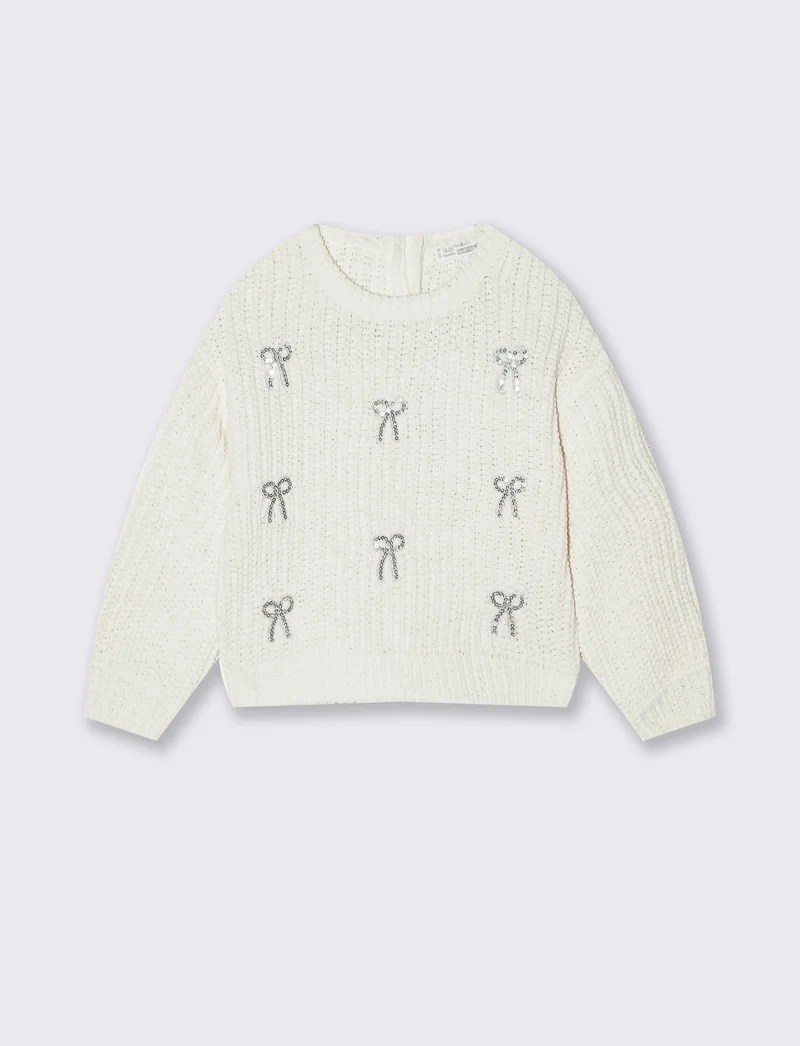 Maglia girocollo morbida con applicazioni - Bianco latte