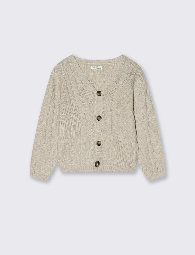 Cardigan a trecce in filato grosso - Beige melange