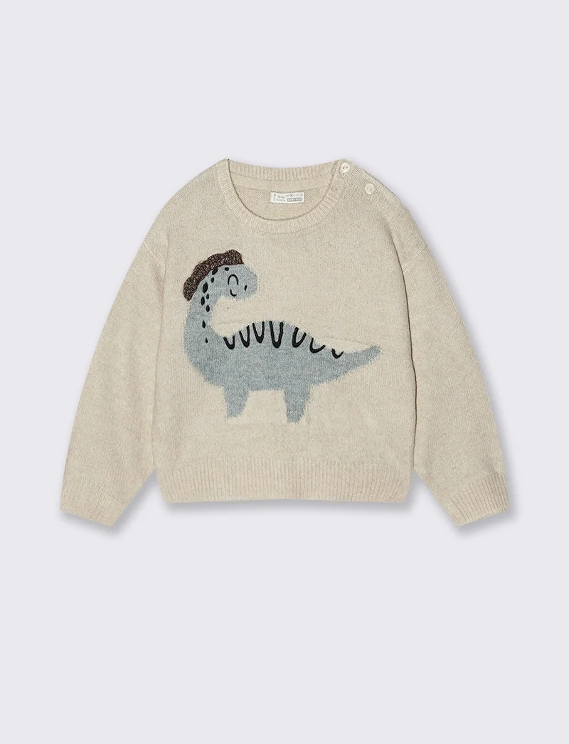 Maglioncino caldo con dinosauro 3D - Beige melange