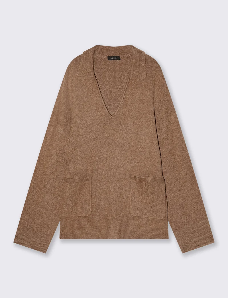 Maglione con scollo a V e tasche davanti - Cammello
