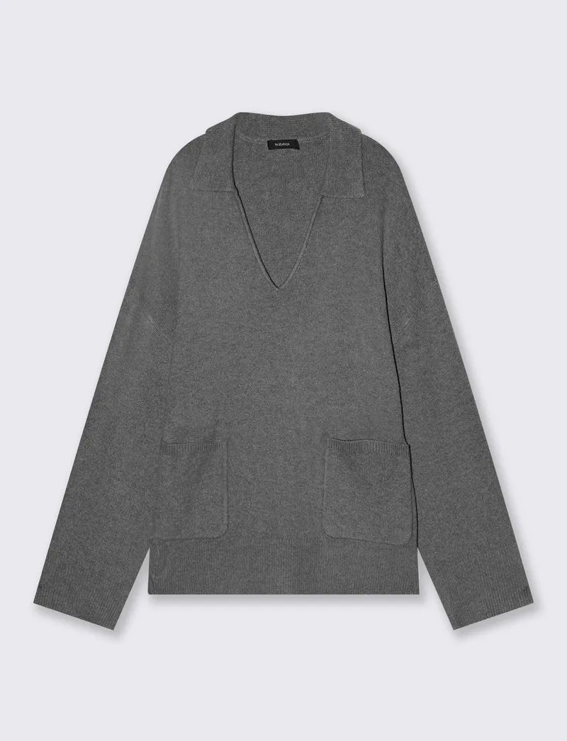 Maglione con scollo a V e tasche davanti - Grigio mel.