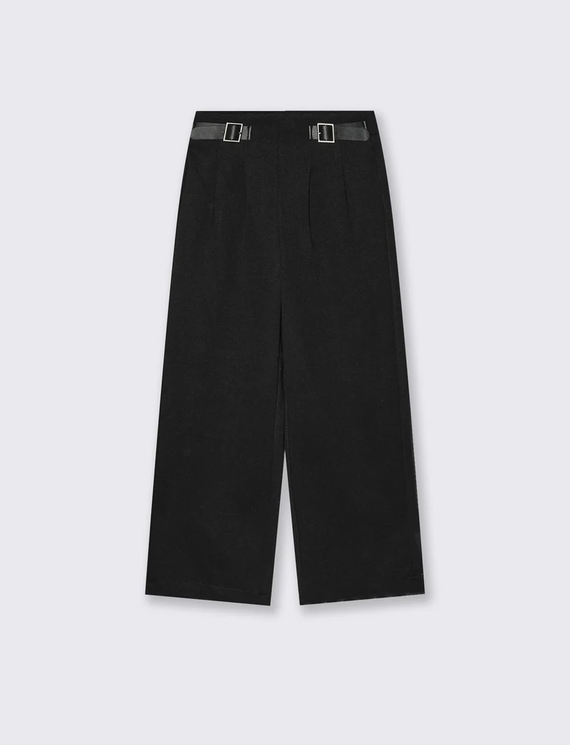 Pantaloni wide leg con fibbie decorative - Nero