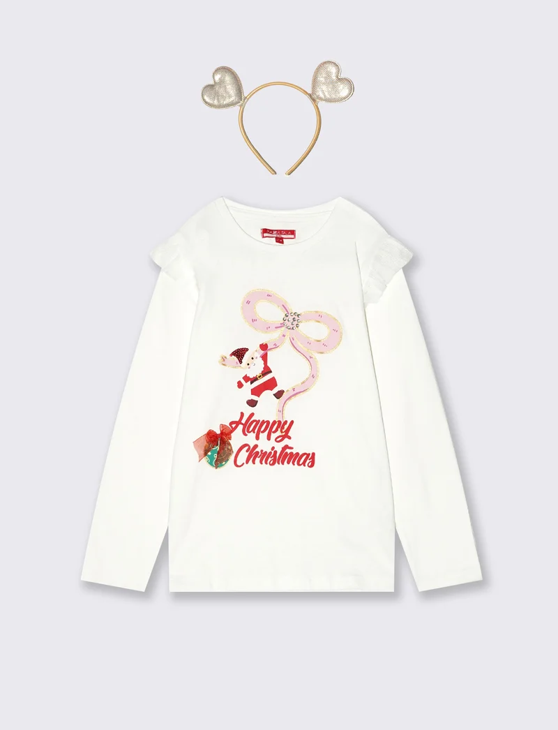 T-shirt lunga natalizia con tulle e strass - Bianco latte