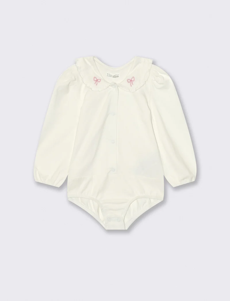 Body in jersey con colletto e ricami - Bianco latte