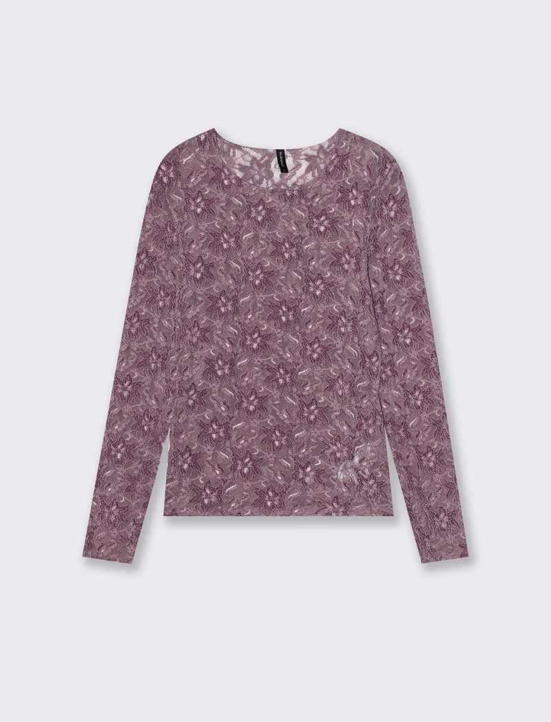T-shirt in rete a manica lunga con stampa - Viola malva