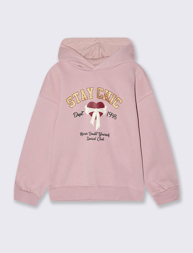 Felpa con cappuccio e stampa lucida - Rosa polvere