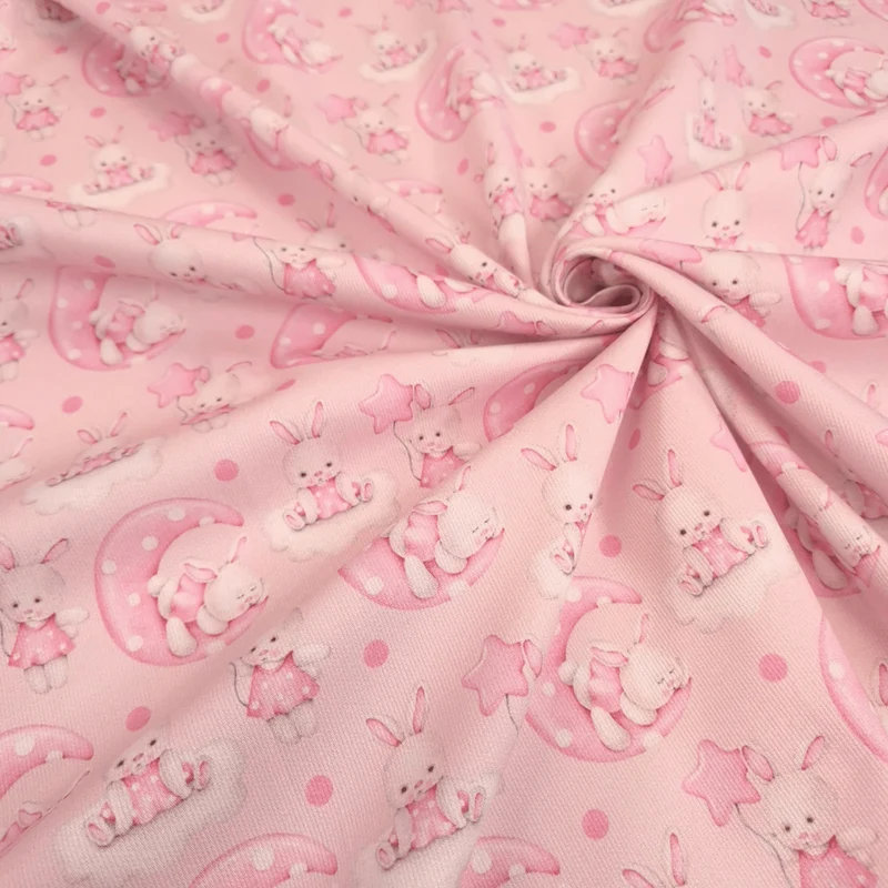Piquet millerighe con stampa digitale H 150 cm - CONIGLIETTE IN CIELO/ROSA