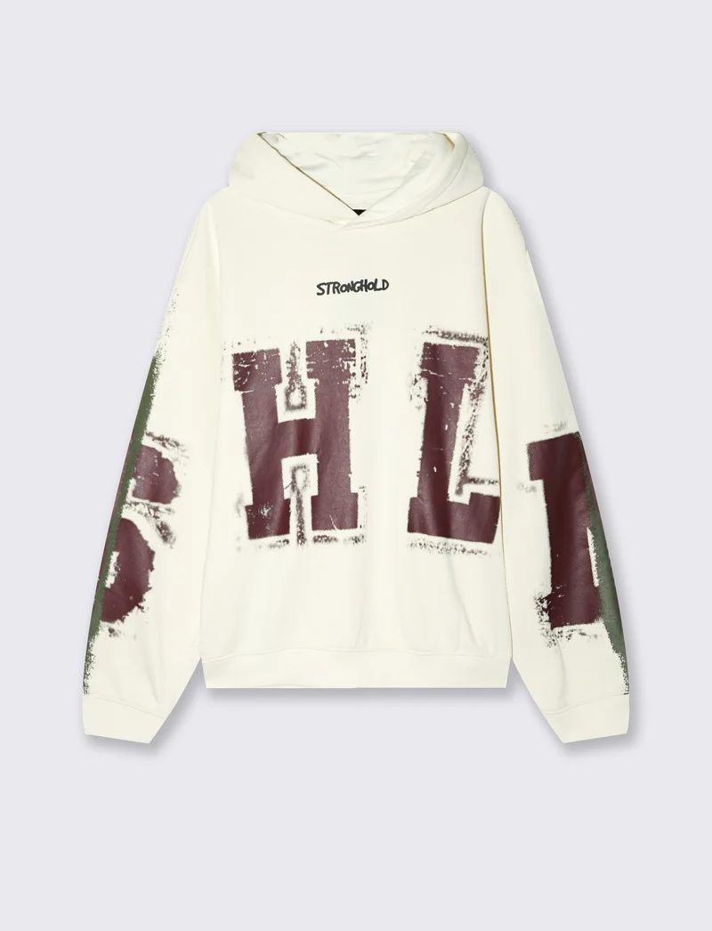 Felpa boxy con cappuccio e stampe - Bianco sporco