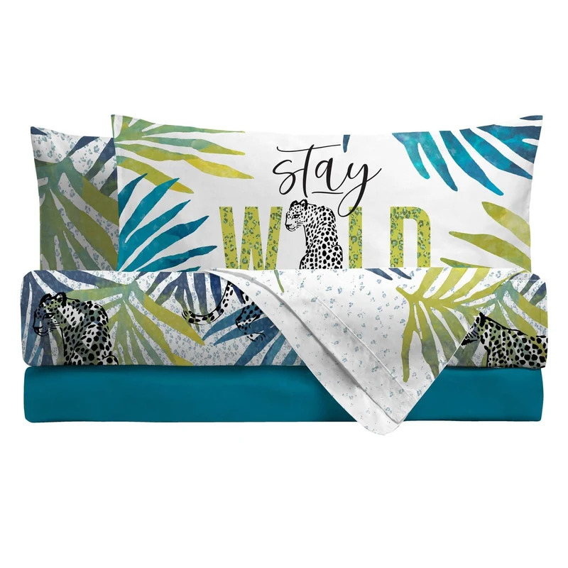 Completo Letto Copriletto Matrimoniale in Cotone con Stampa Digitale - Fantasia Nahele Turchese