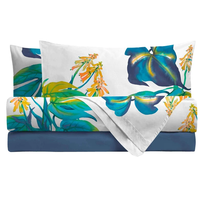 Completo Letto Copriletto Matrimoniale in Cotone con Stampa Digitale - Fantasia Dominica Blu