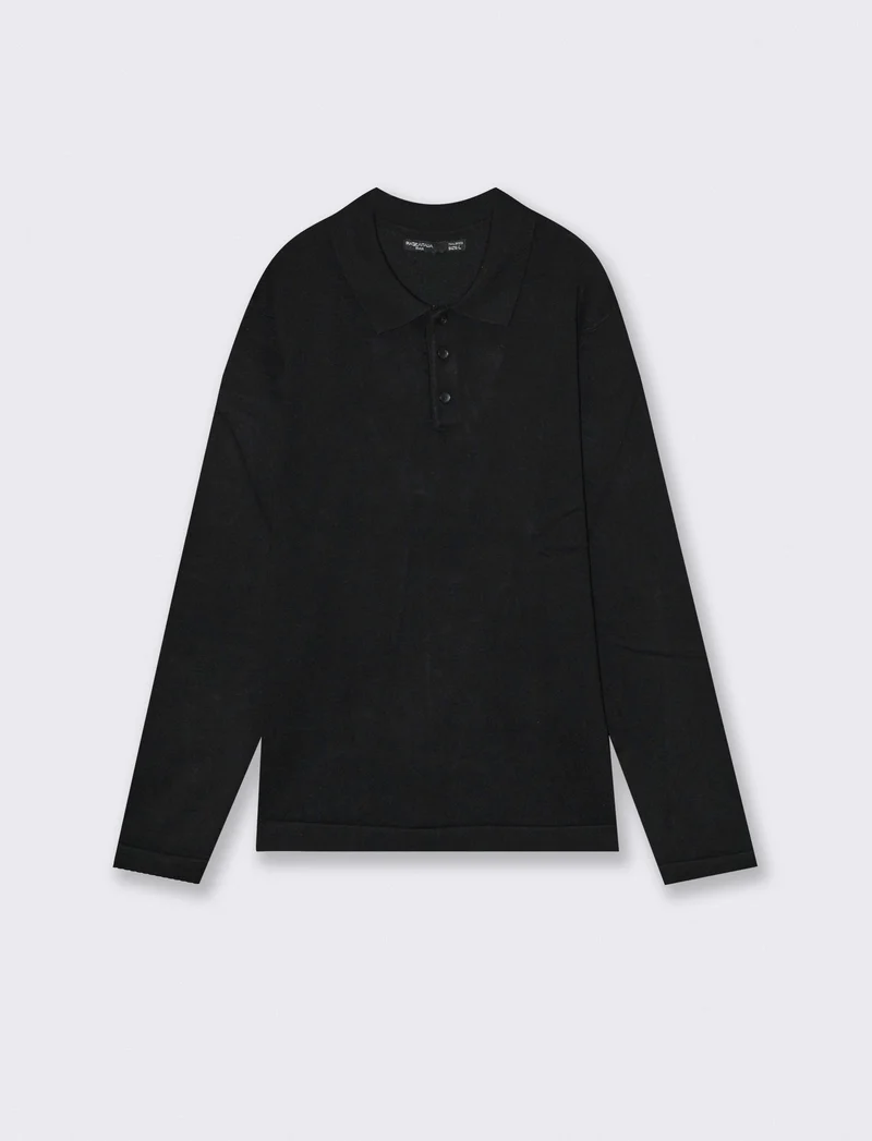 Maglia Polo in Misto Viscosa con Colletto - Nero
