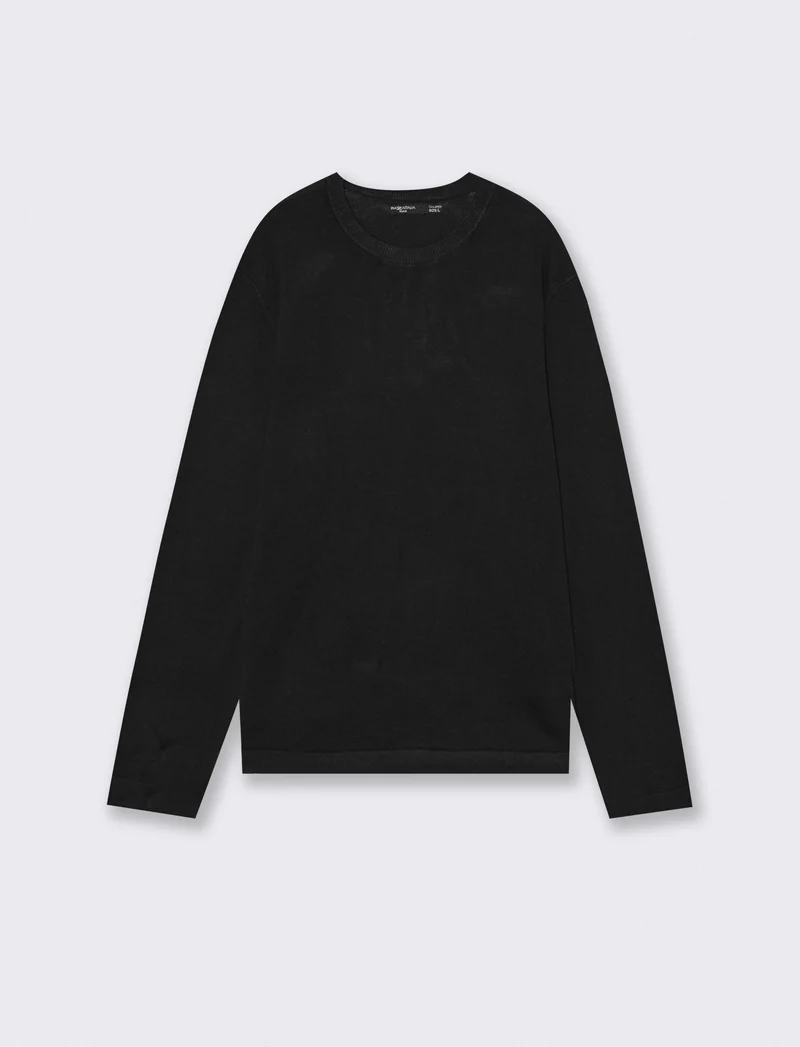 Maglia girocollo in misto viscosa con costina - Nero