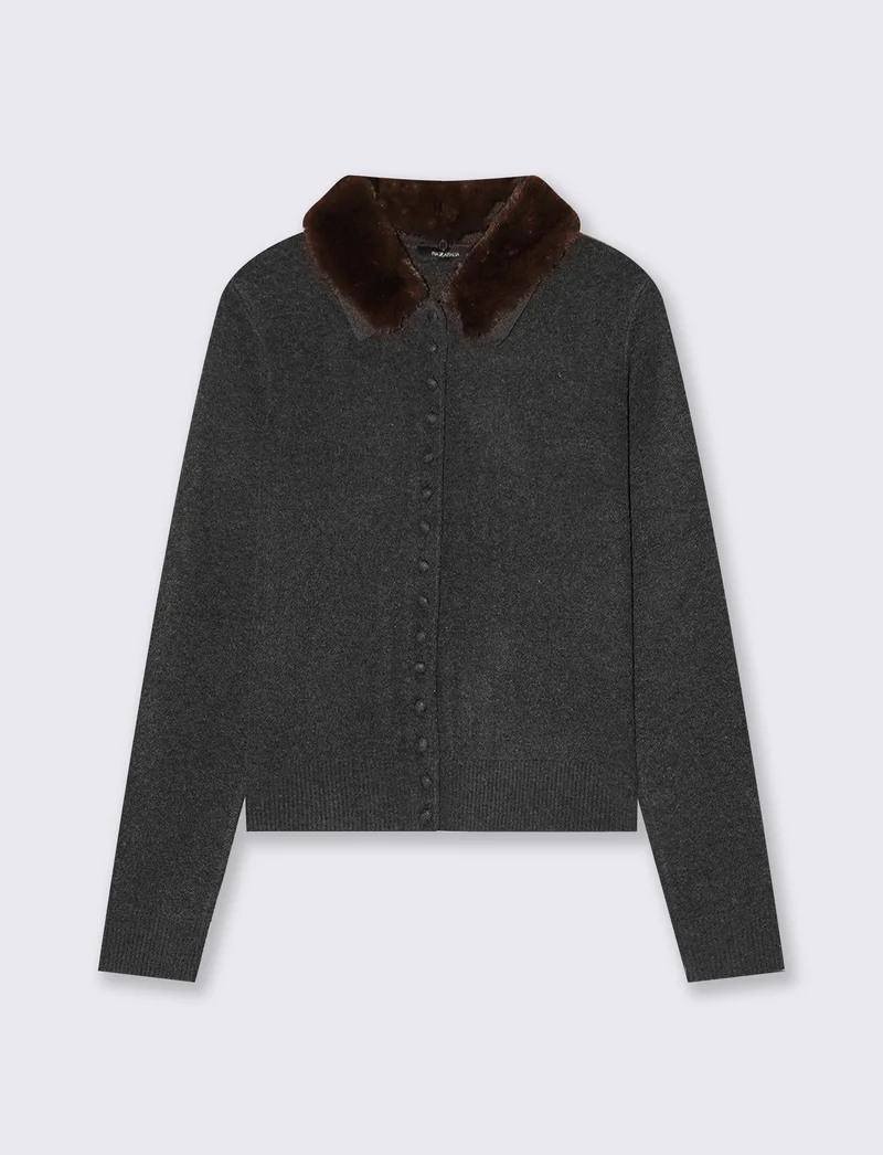 Cardigan con pelliccia e dettagli a costine - Grigio scuro