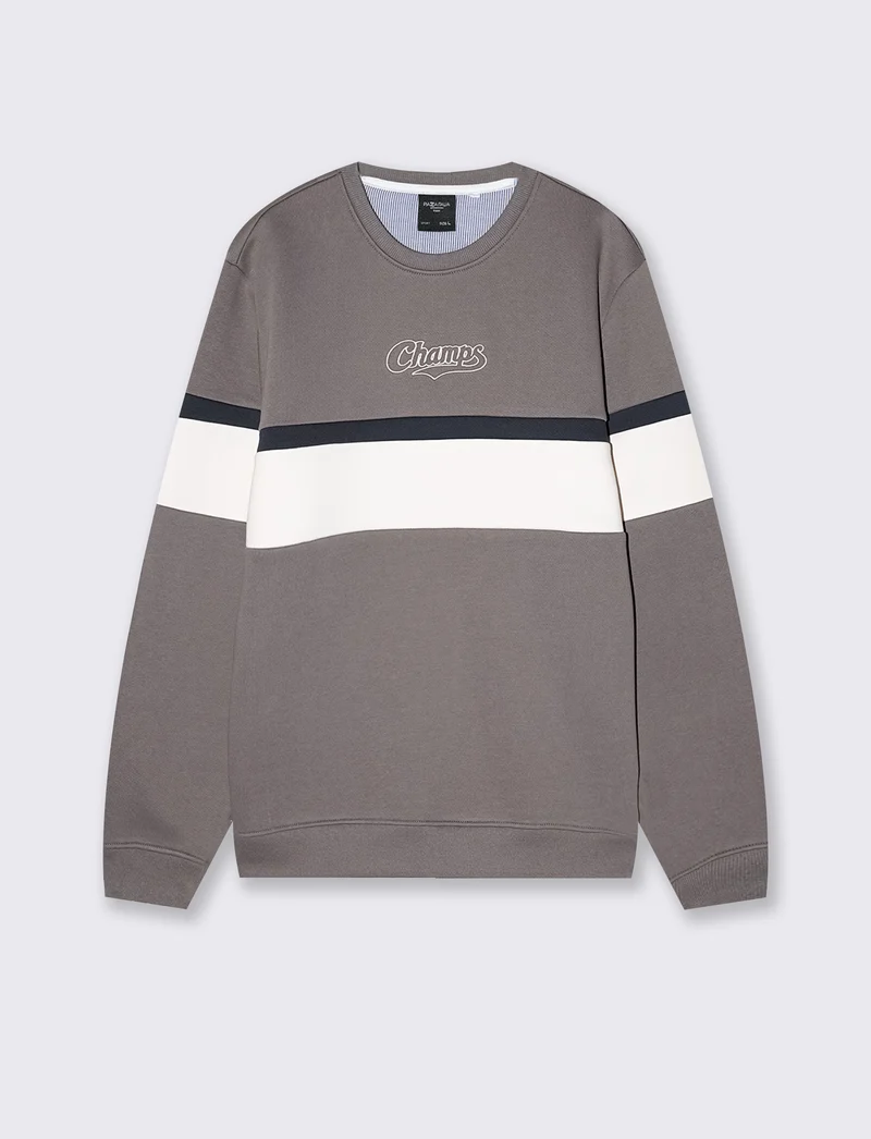 Felpa girocollo con ricamo e fascia contrasto - Grigio