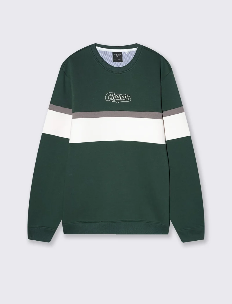 Felpa girocollo con ricamo e fascia contrasto - Verde scuro