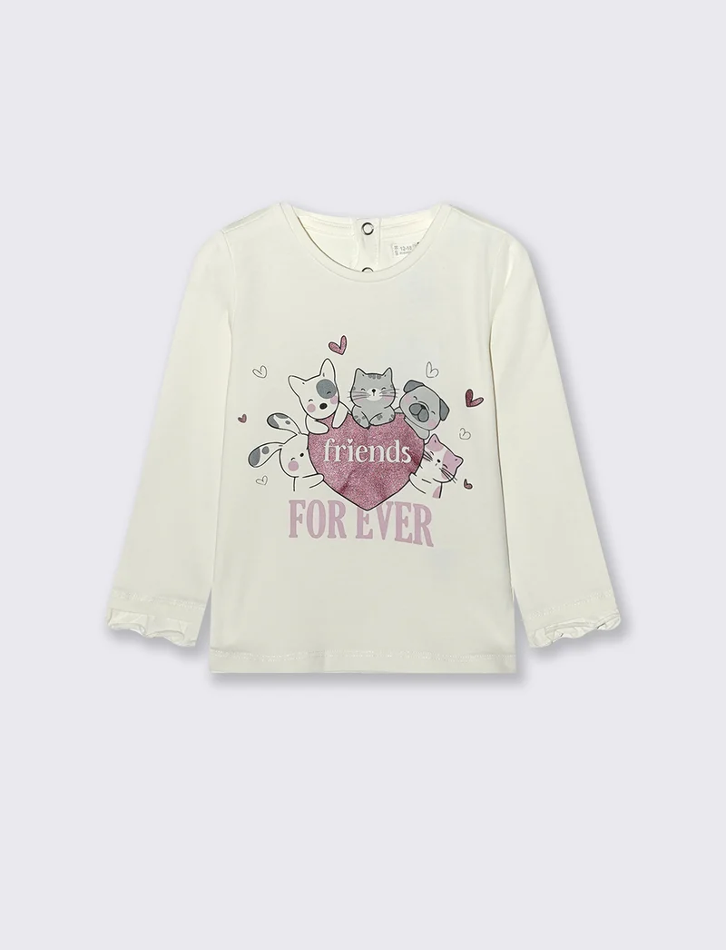 T-shirt a manica lunga con stampa e balza - Bianco latte