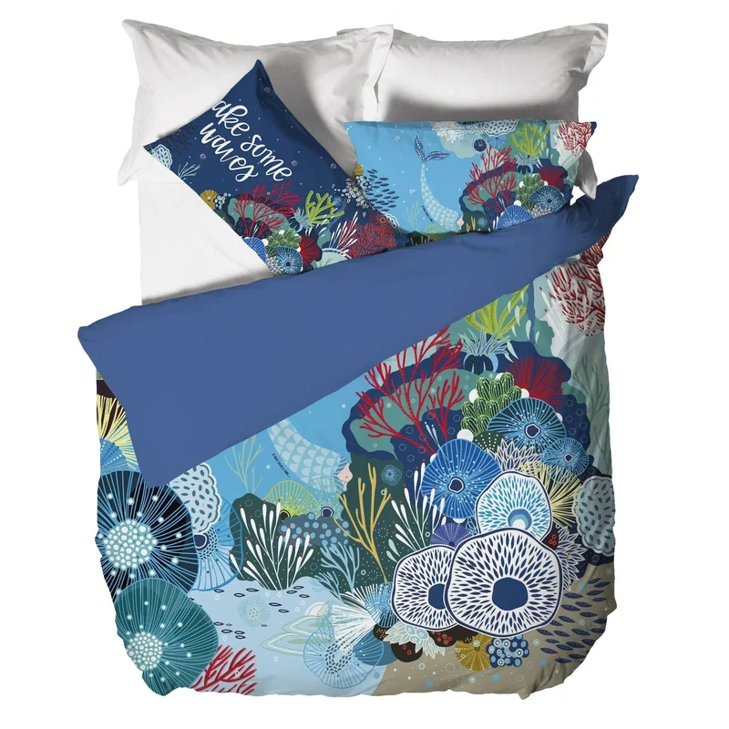 Parure Copripiumino Matrimoniale in Cotone con Stampa Digitale - Fantasia Mermaidwaves Blu