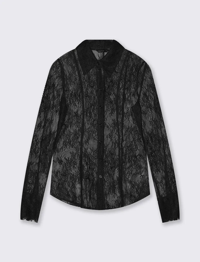 Camicia in rete lunga con pizzo raffinato - Nero
