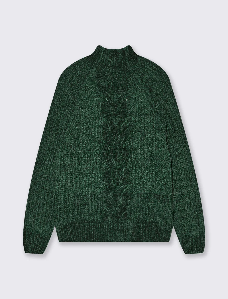 Pullover mezzo collo con treccia centrale - Verde bosco