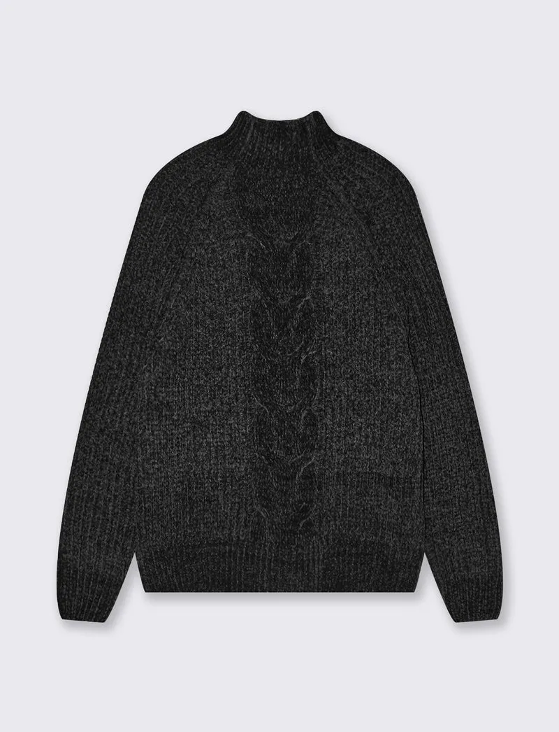 Pullover mezzo collo con treccia centrale - Nero