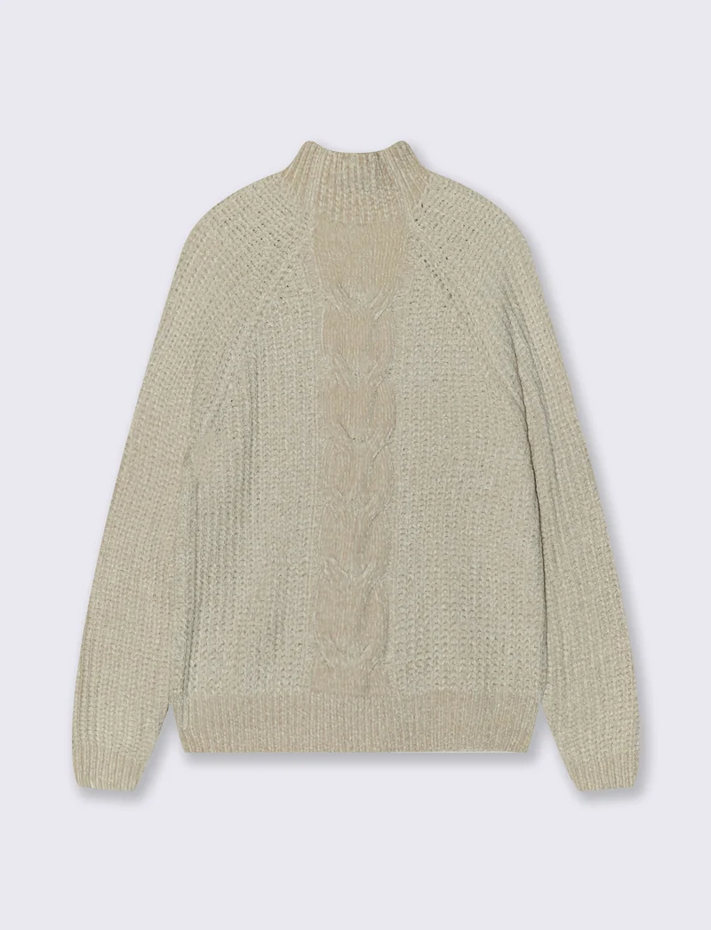 Pullover mezzo collo con treccia centrale - Avorio