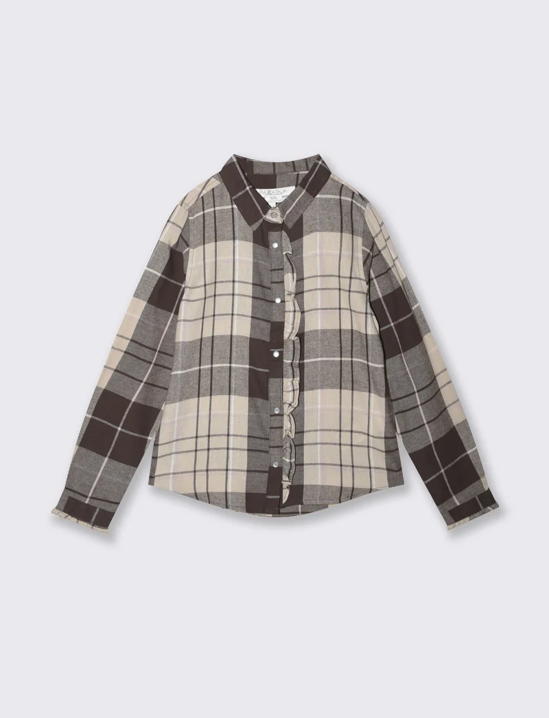 Camicia in flanella manica lunga con rouches - Beige scuro