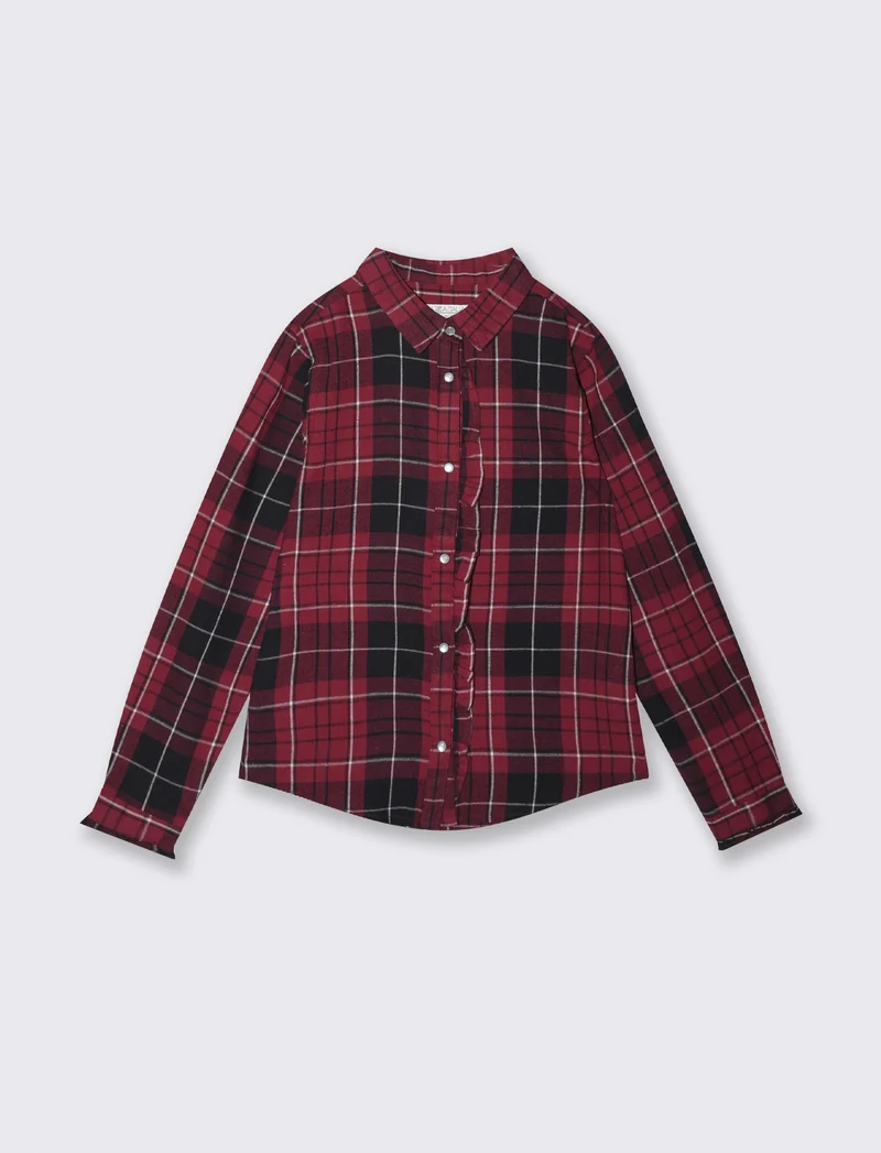 Camicia in flanella manica lunga con rouches - Bordeaux