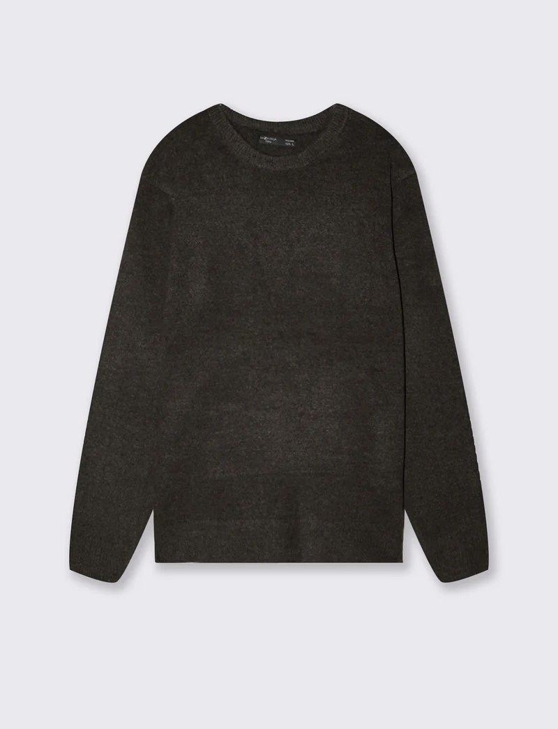 Maglia Girocollo in Bouclè con Maniche Lunghe - moro/melange