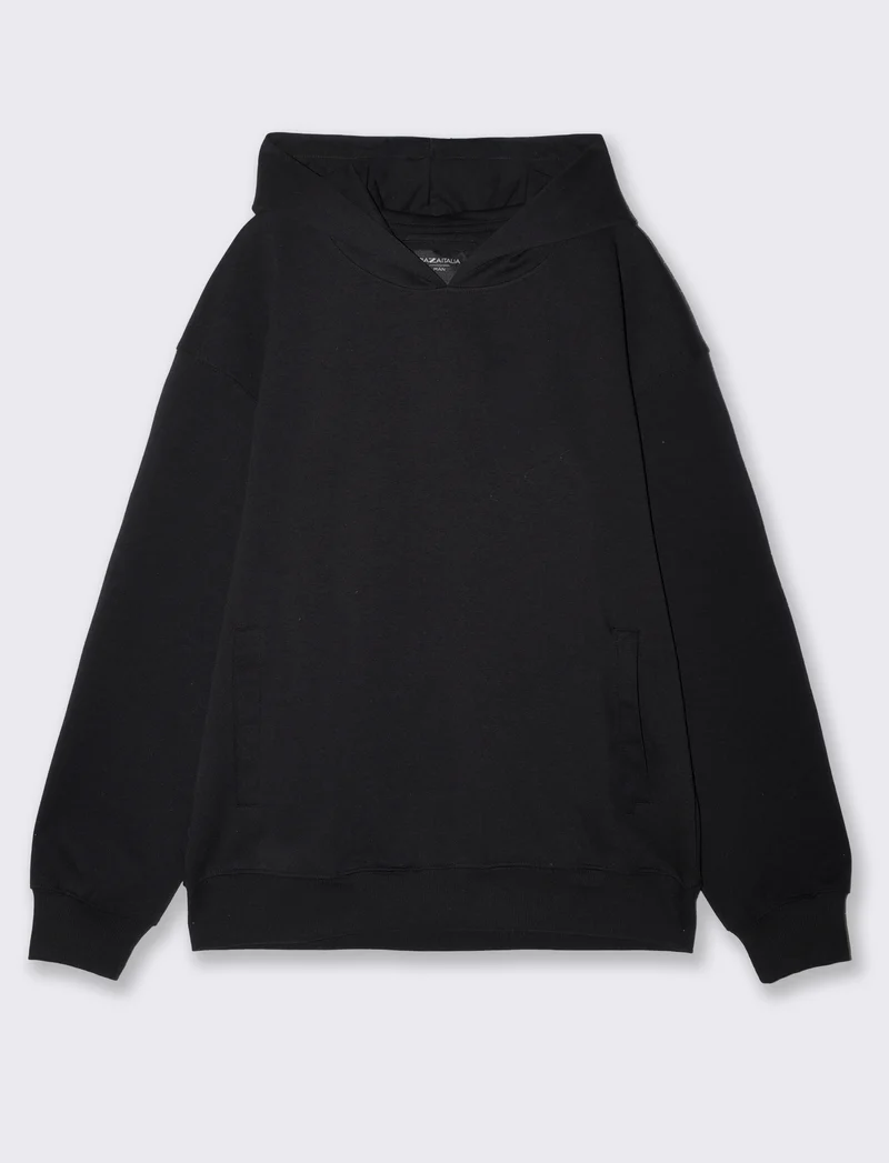 Felpa Cappuccio Relaxed Fit in Interlock - Nero